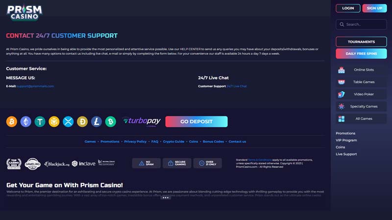 prism-casino support screenshot